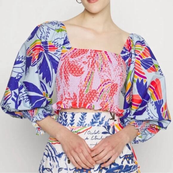 FARM Rio Tops - NWT Farm Rio Mixed Colors Birds Smocked Crop Top Size XL